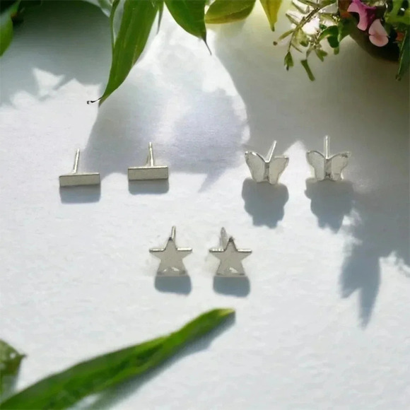 Silver Bohemian Mini Bar & Butterfly & Star Stud Earrings - Picture 6 of 12